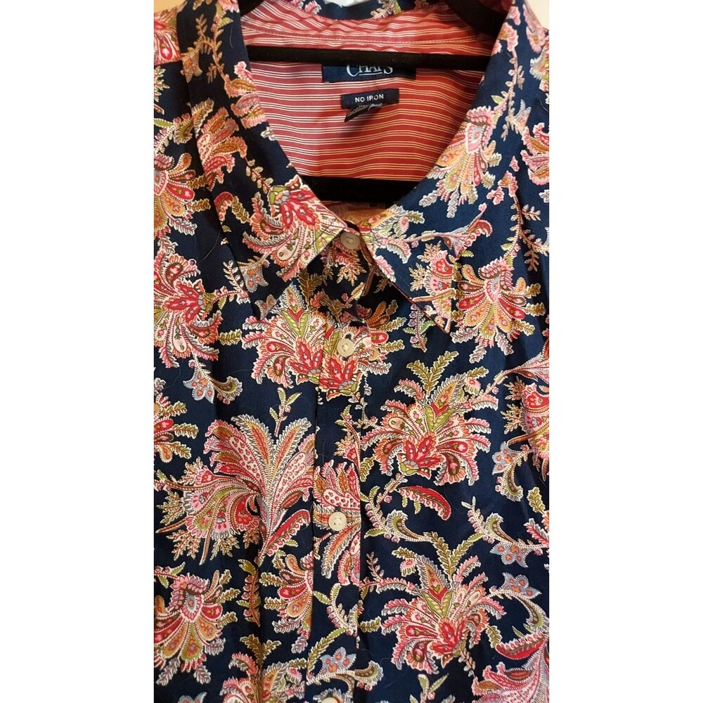 Chaps No Iron Shirt 3X Womens Navy Pink Paisley Button Down Contrast Stripe Cuff